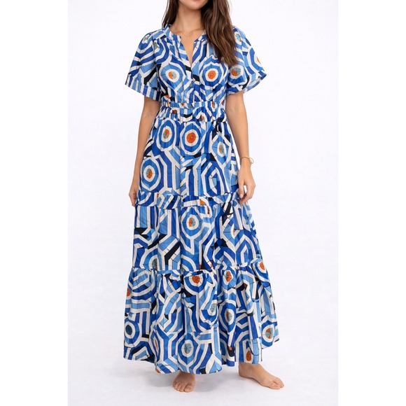 Anthropologie Dresses & Skirts - Anthropologie Maxi Dress Womens‎ Small Blue White Geometric Tiered Smocked Waist